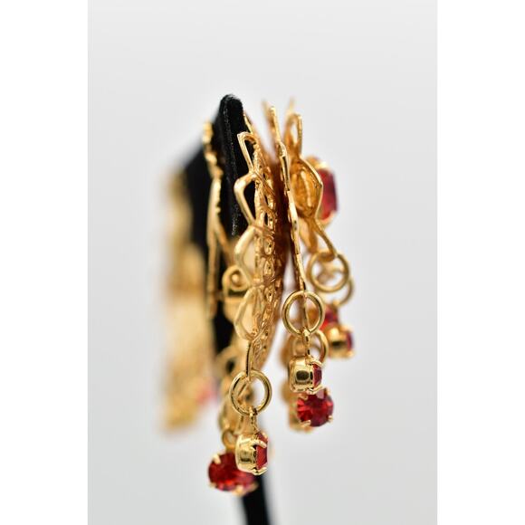 Vintage Dangle Clip On Earrings Coral Rhinestone Crystal Chandelier 1980s BinW - Picture 8 of 12